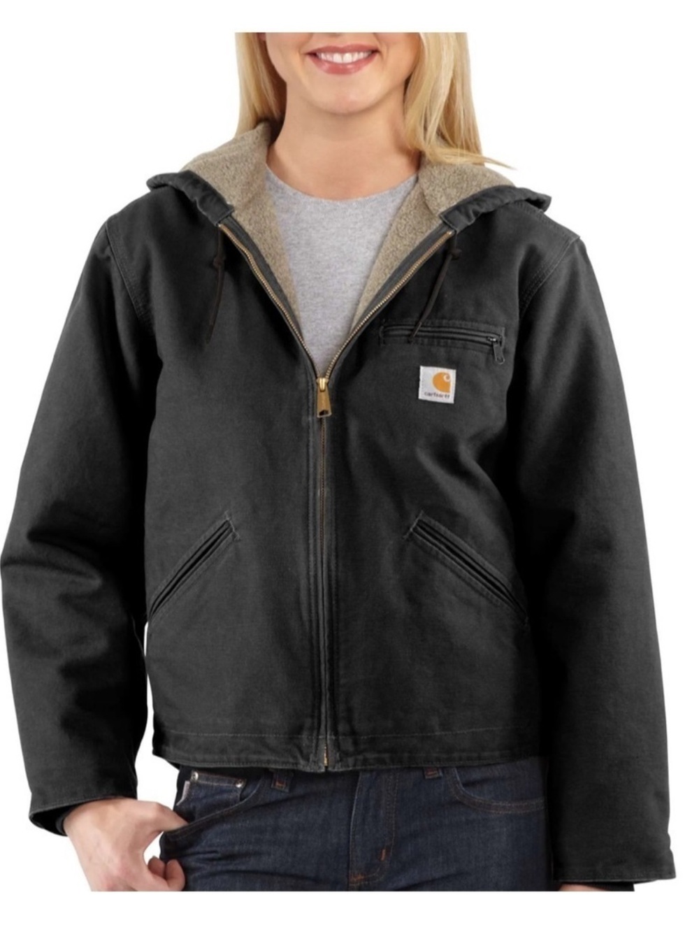 Carhartt WJ141 Sierra Jacket Womens L Black Sherpa Lined Distressed Workwear